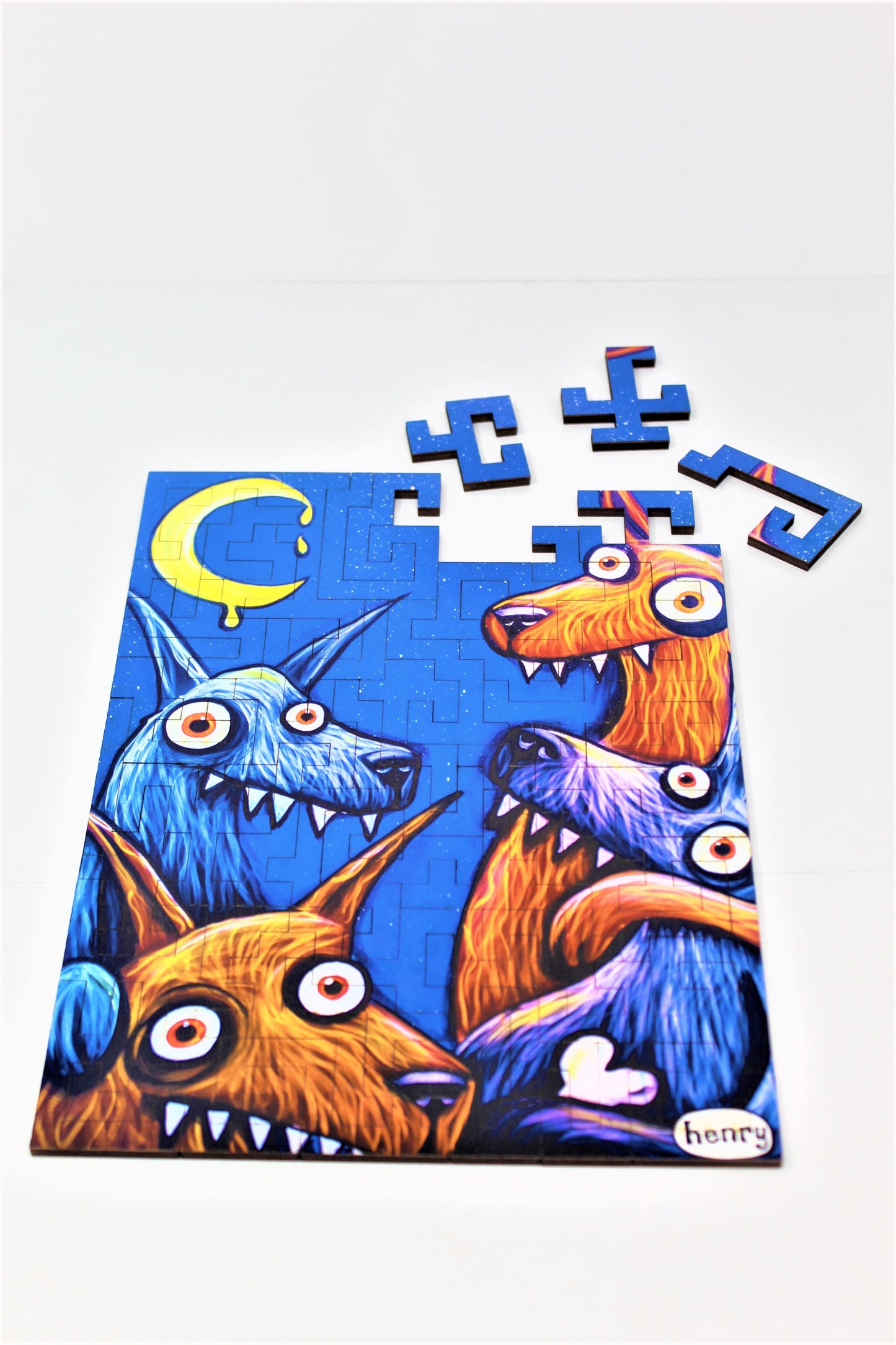 Wolves and Moon 50 Piece Geometric Puzzle Featuring the Art of Henry