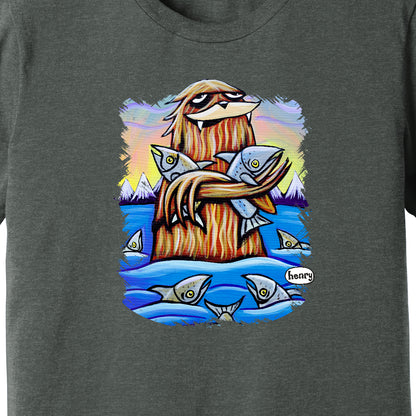 Sasquatch Hugging Salmon Unisex T-Shirt | Wearable Art by Seattle Mural Artist Ryan "Henry" Ward