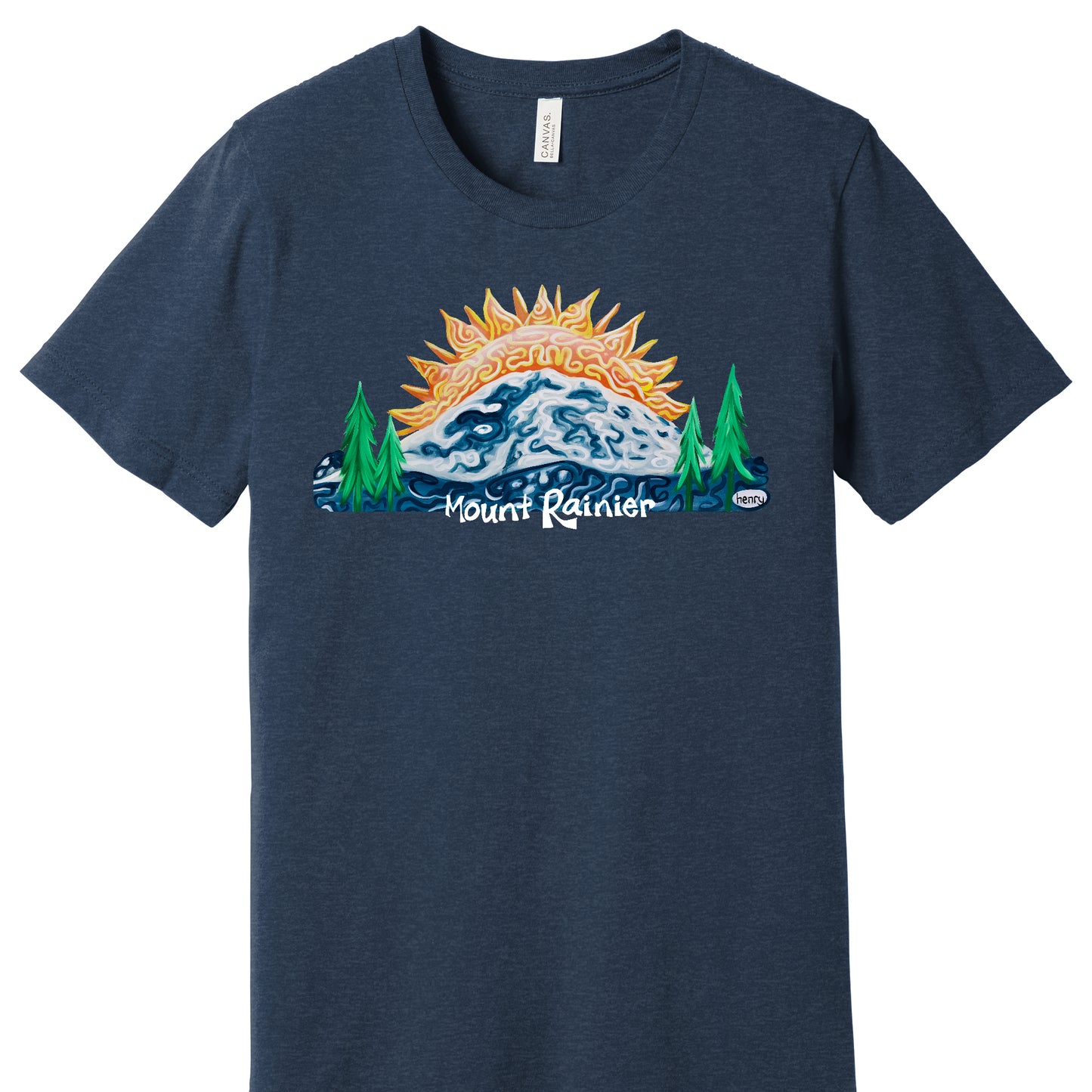 Mount Rainier Sunrise Unisex Heathered Navy T-Shirt | Wearable Art by Seattle Mural Artist Ryan "Henry" Ward