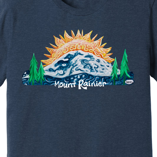Mount Rainier Sunrise Unisex Heathered Navy T-Shirt | Wearable Art by Seattle Mural Artist Ryan "Henry" Ward