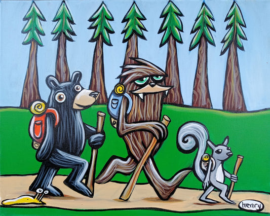 Bear, Sasquatch, Squirrel and Slug Hiking Canvas Giclee Print Featuring Original Art by Seattle Mural Artist Ryan Henry Ward