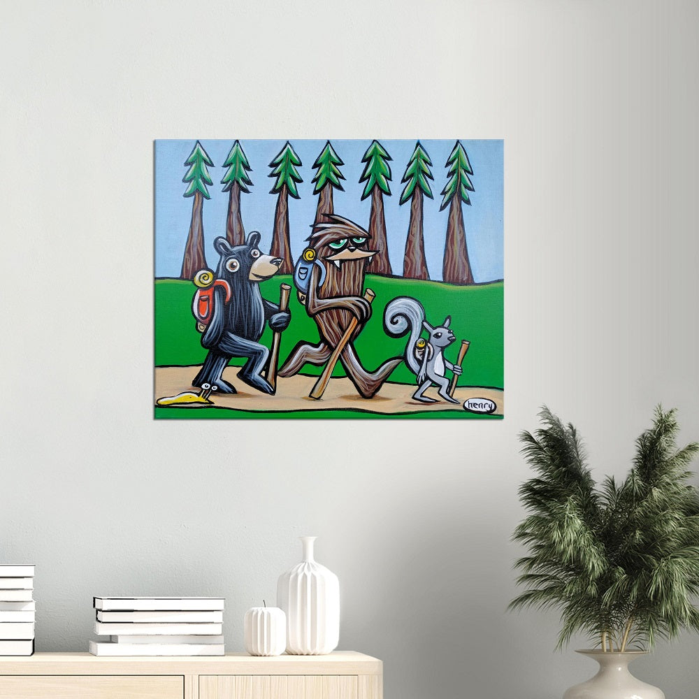 Bear, Sasquatch, Squirrel and Slug Hiking Canvas Giclee Print Featuring Original Art by Seattle Mural Artist Ryan Henry Ward