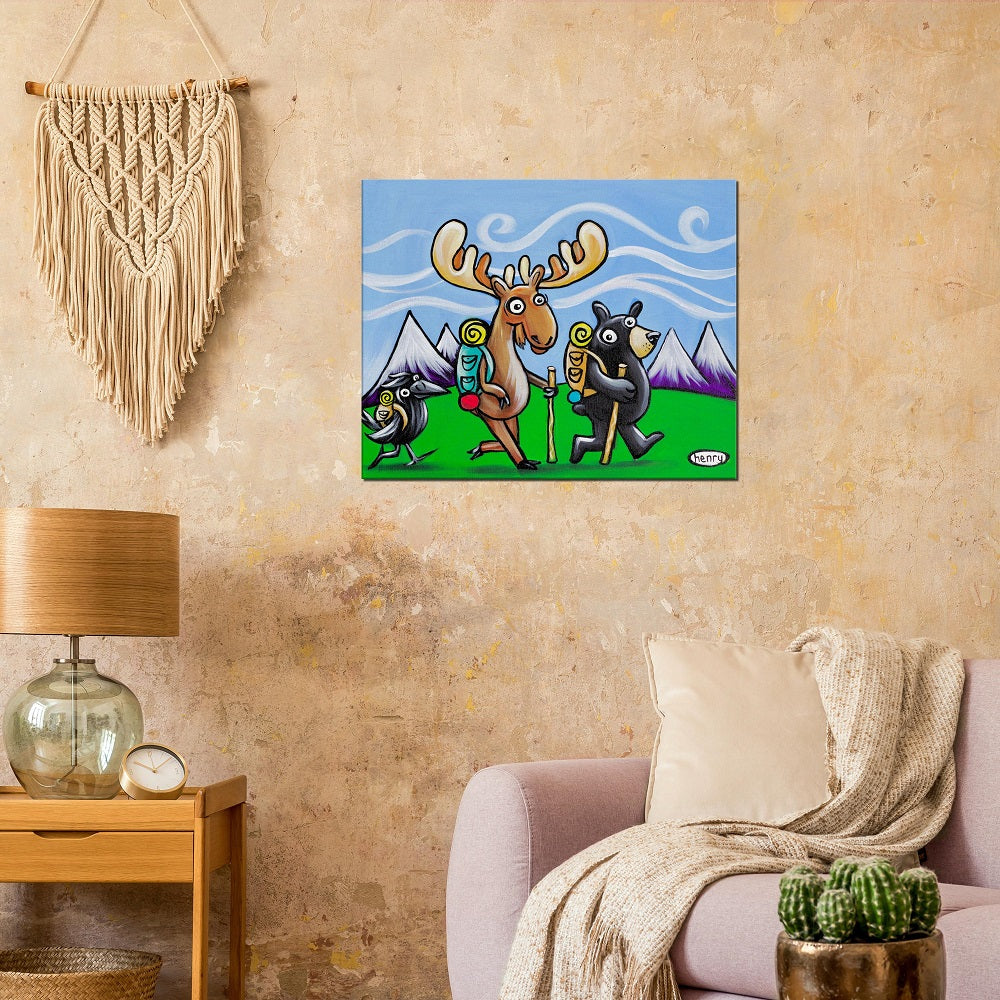 Bear, Moose and Raven Hiking Canvas Giclee Print Featuring Original Art by Seattle Mural Artist Ryan Henry Ward