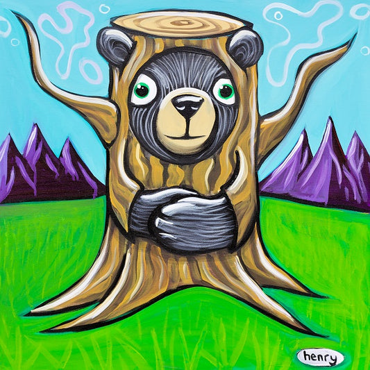 Bear in a Stump Canvas Giclee Print Featuring Original Art by Seattle Mural Artist Ryan Henry Ward