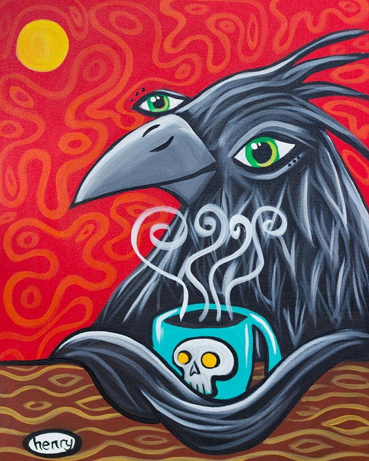 Crow with Skull Coffee Canvas Giclee Print Featuring Original Art by Seattle Mural Artist Ryan Henry Ward