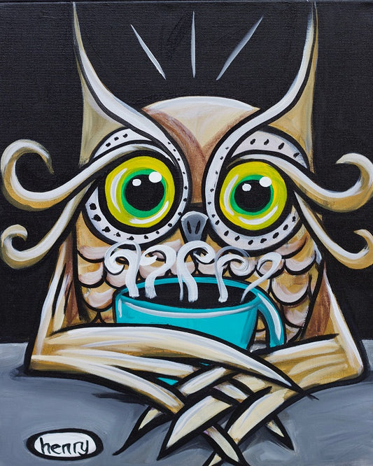 Coffee Owl Canvas Giclee Print Featuring Original Art by Seattle Mural Artist Ryan Henry Ward