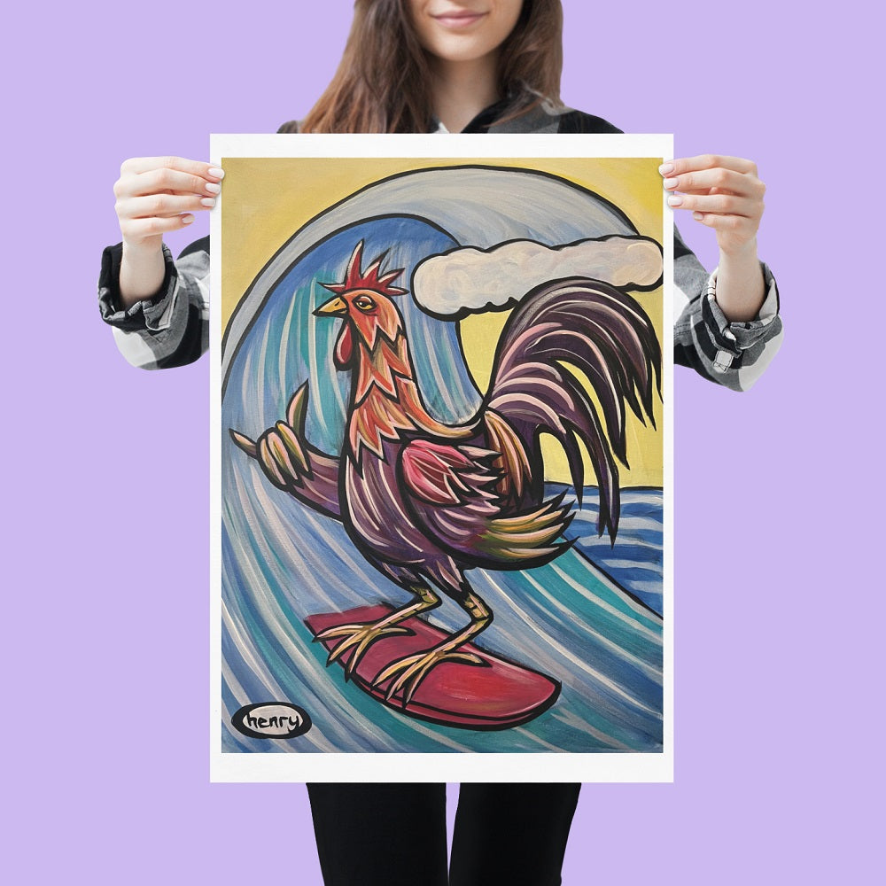 Hang Loose Rooster Giclee Print Art Poster for wall decor features Original Painting by Seattle Mural Artist Henry