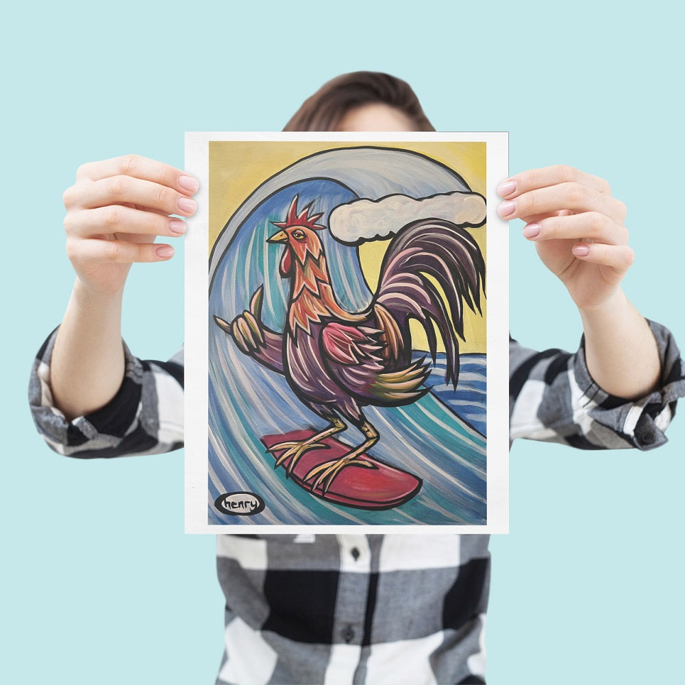 Hang Loose Rooster Giclee Print Art Poster for wall decor features Original Painting by Seattle Mural Artist Henry