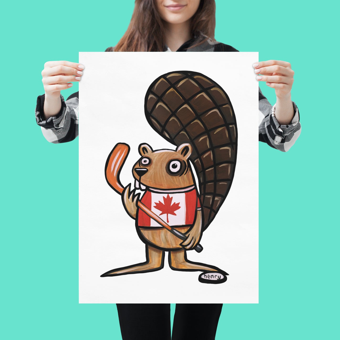 Hockey Beaver Print Art Poster for wall decor features Original Painting by Seattle Mural Artist Henry