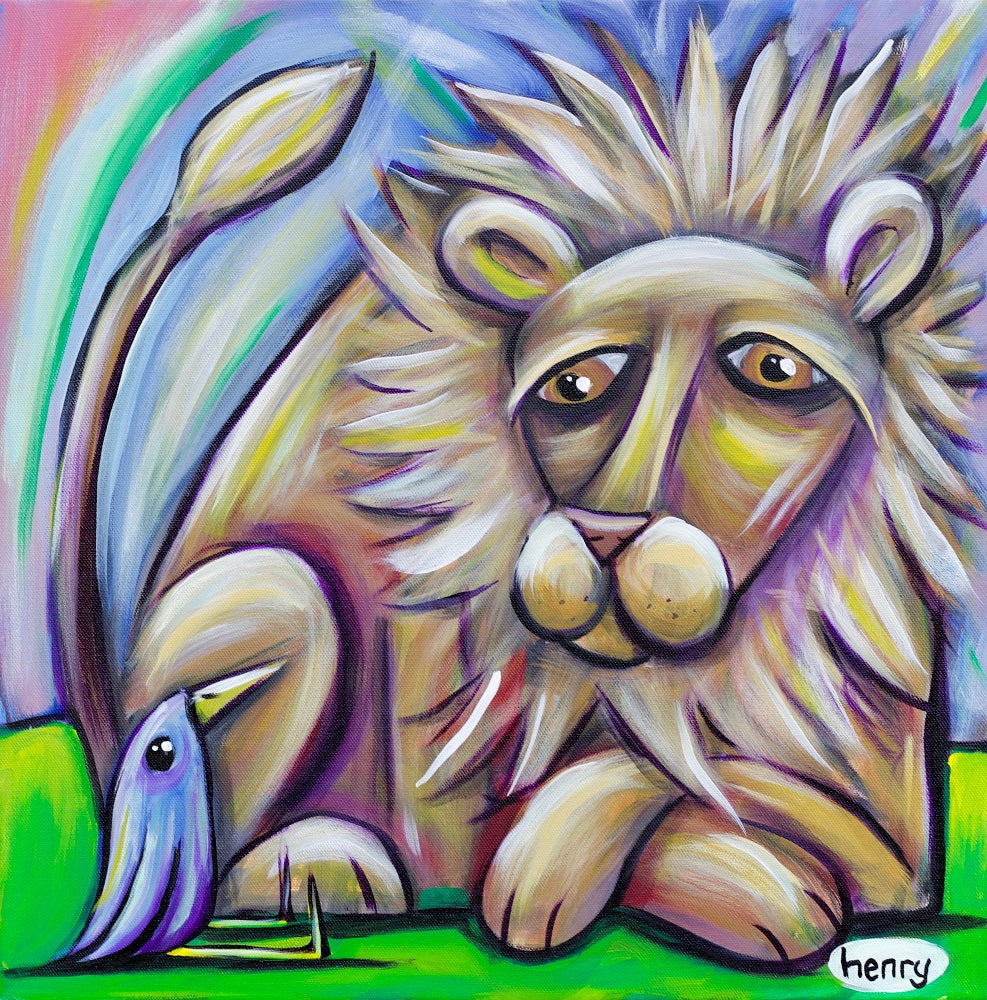Lion and Bird Canvas Giclee Print Featuring Original Art by Seattle Mural Artist Ryan Henry Ward