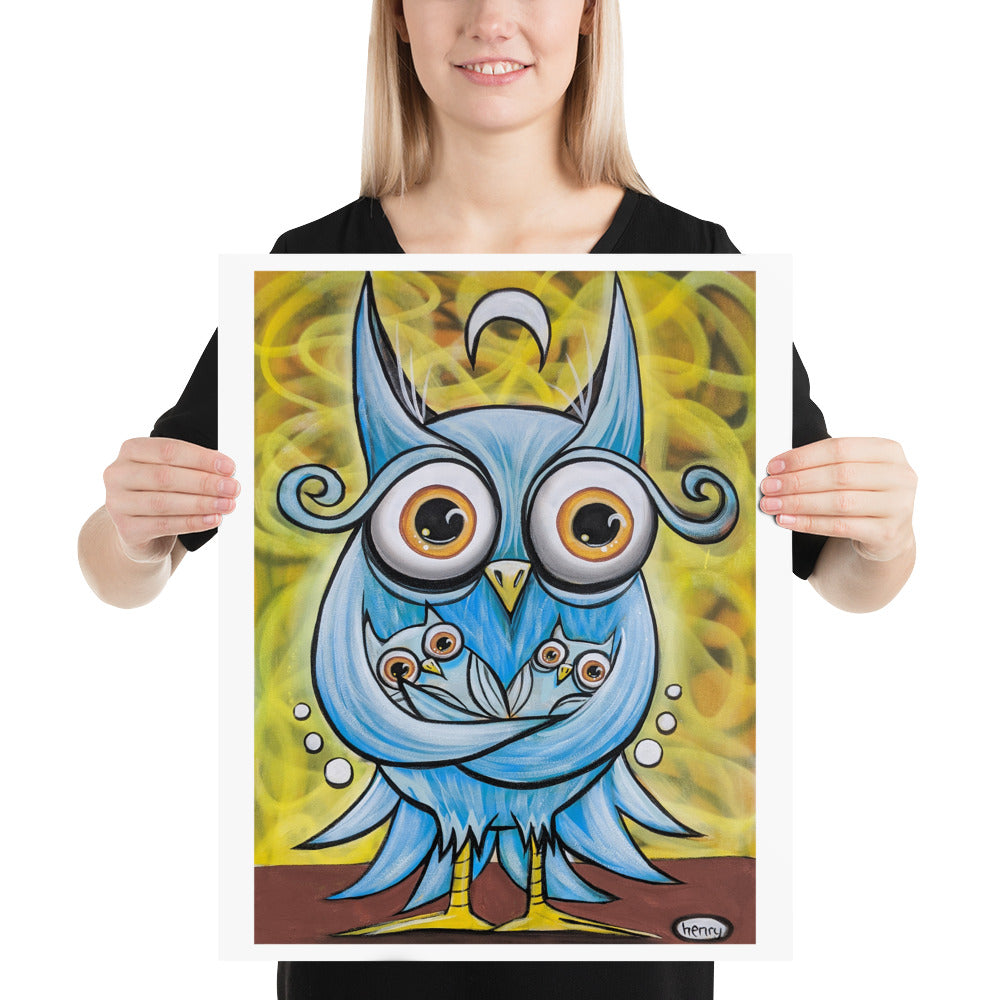 Momma Owl Giclée Print Art Poster for wall décor features Original Painting by Seattle Mural Artist Henry