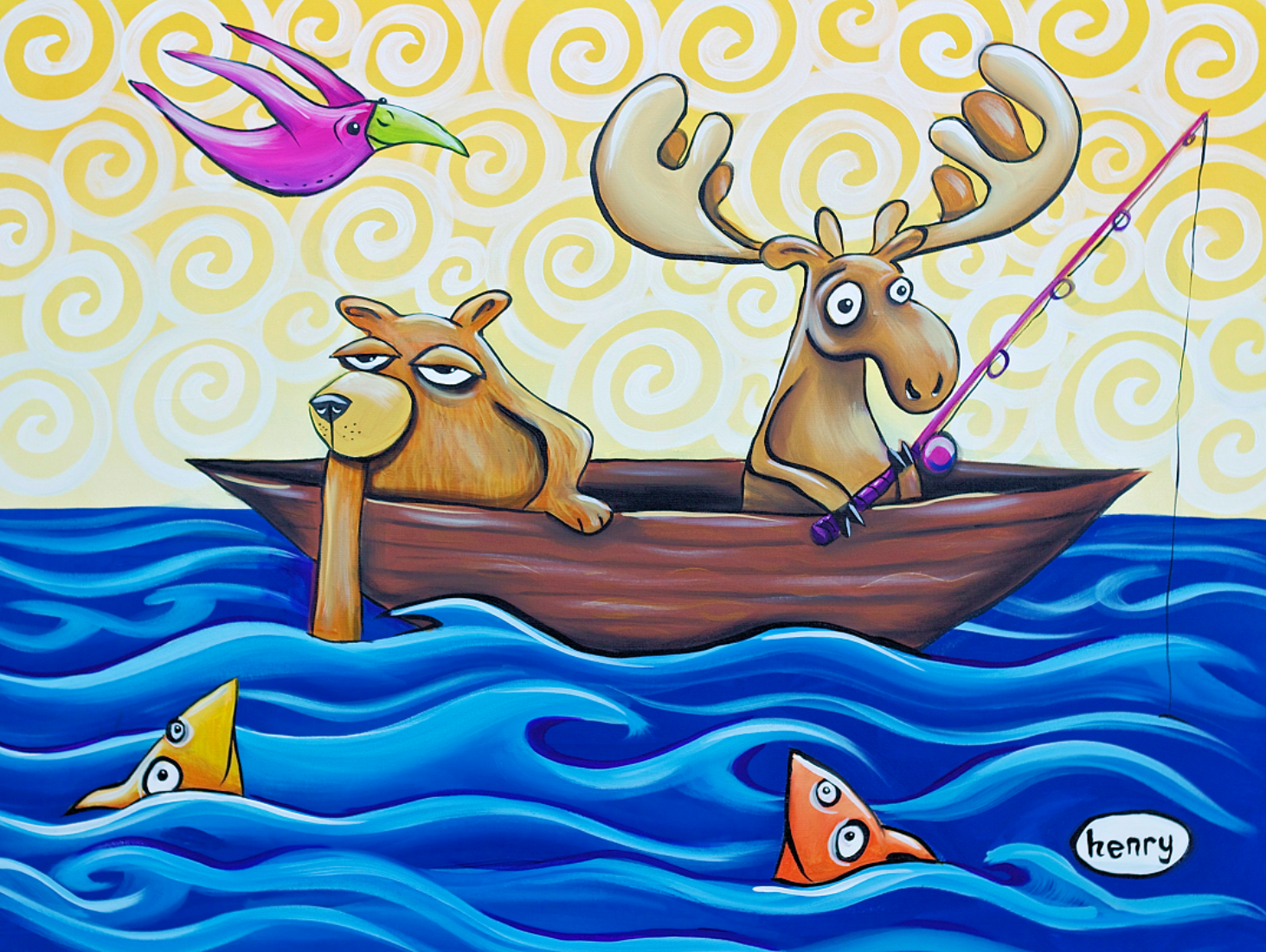 Bear and Moose Fishing Canvas Print - Art of Henry