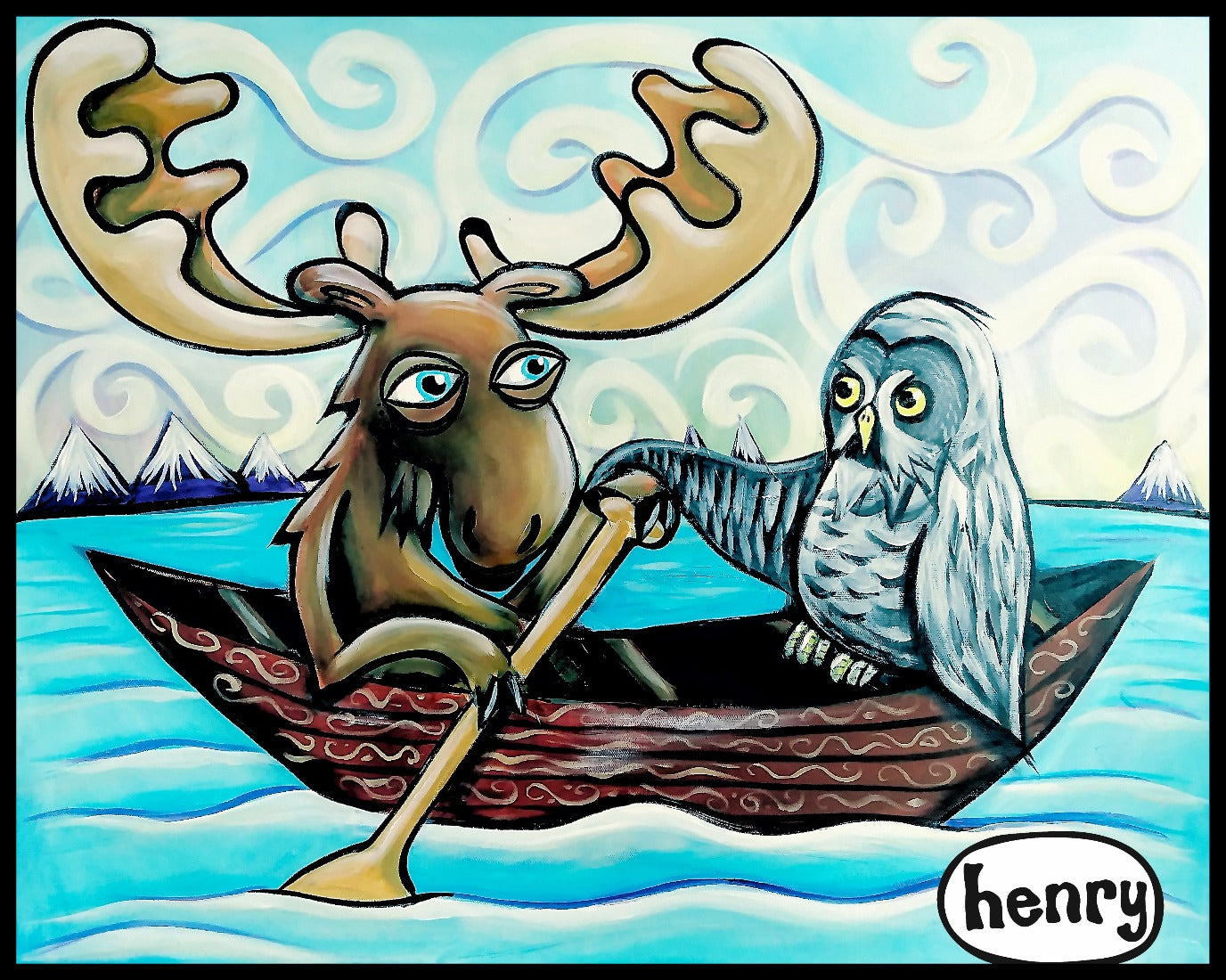 Moose and the Owl in Canoe Sticker - Art of Henry