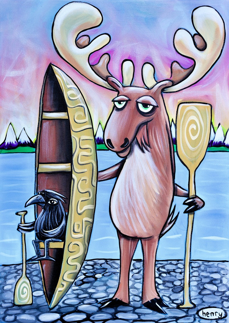 Moose and Raven Canoe Canvas Print - Art of Henry