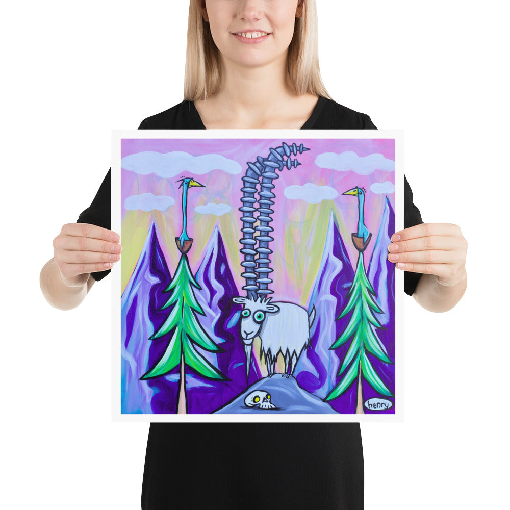 Mountain Goat Tall Horns Giclee Print Art Poster for Wall Decor features Original Painting by Seattle Mural Artist Henry