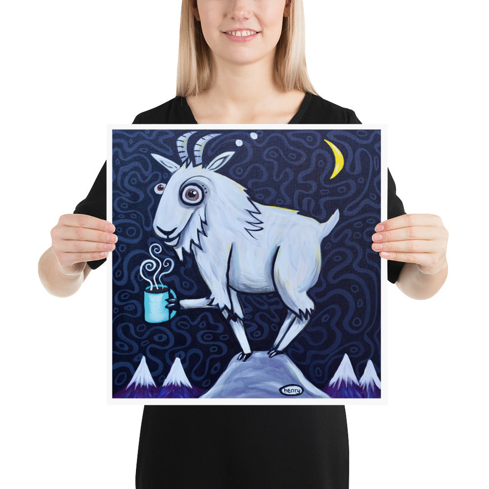 Mountain Goat with Coffee Giclee Print Art Poster for Wall Decor features Original Painting by Seattle Mural Artist Henry