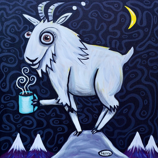 Mountain Goat with Coffee Canvas Giclee Print Featuring Original Art by Seattle Mural Artist Ryan Henry Ward