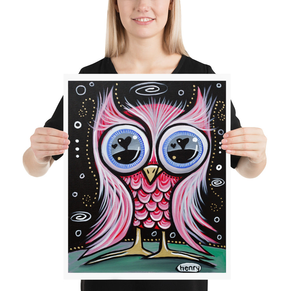 Owl with Love Eyes Giclee Print Art Poster for Wall Decor features Original Painting by Seattle Mural Artist Henry
