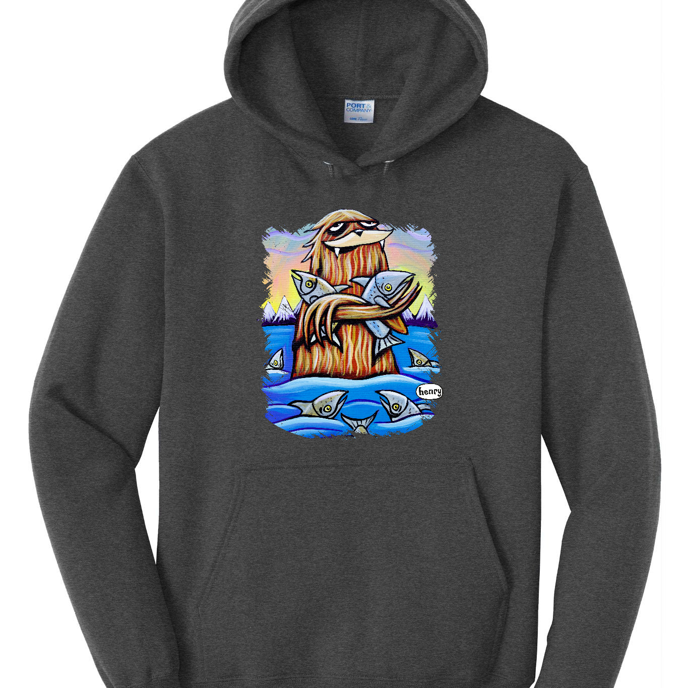 Sasquatch Hugging Salmon Unisex Hoodie | Wearable Art by Seattle Mural Artist Ryan "Henry" Ward