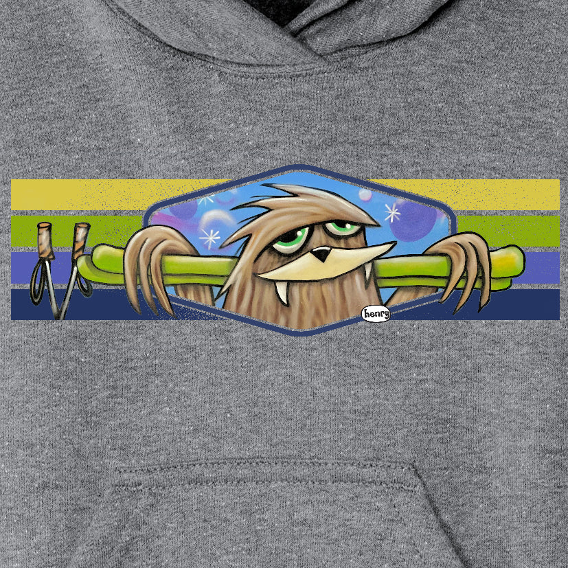 Sasquatch with Skis Light Heather Gray Youth Hoodie | Wearable Art by Seattle Mural Artist Ryan "Henry" Ward