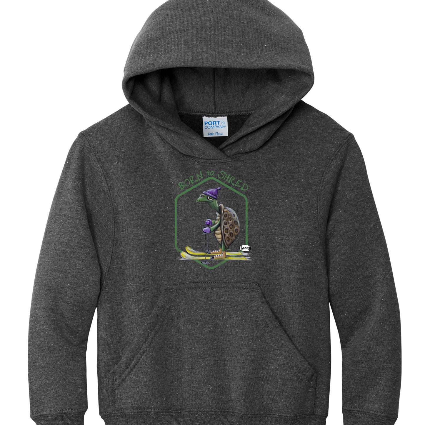 Turtle Skiing Dark Heather Gray Youth Hoodie | Wearable Art by Seattle Mural Artist Ryan "Henry" Ward