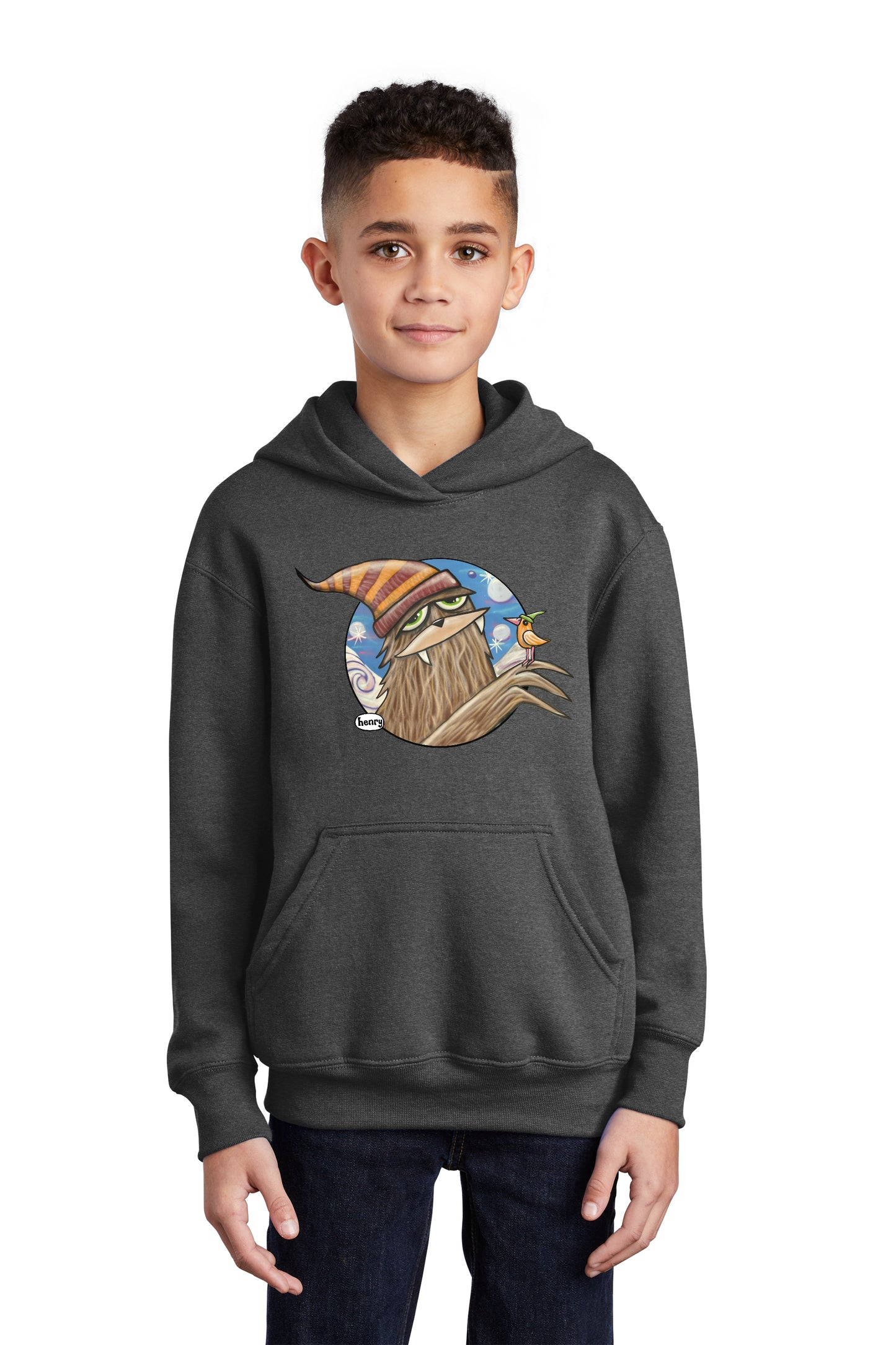 Sasquatch in Stocking Hat with Bird Youth Hoodie | Wearable Art by Seattle Mural Artist Ryan "Henry" Ward