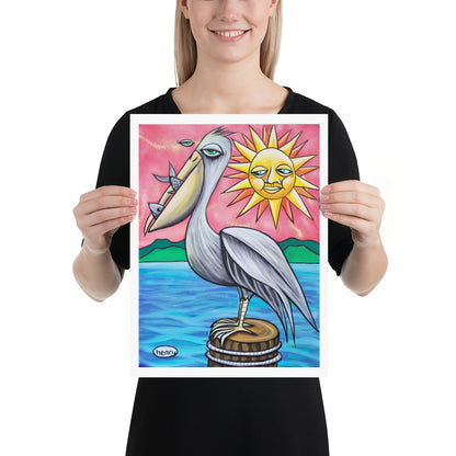 Pelican with Fish Giclee Print Art Poster for wall decor features Original Painting by Seattle Mural Artist Henry
