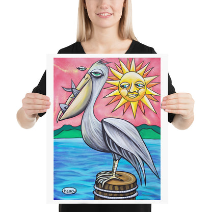 Pelican with Fish Giclee Print Art Poster for wall decor features Original Painting by Seattle Mural Artist Henry