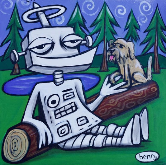Robot with Dog on Log Canvas Print - Art of Henry