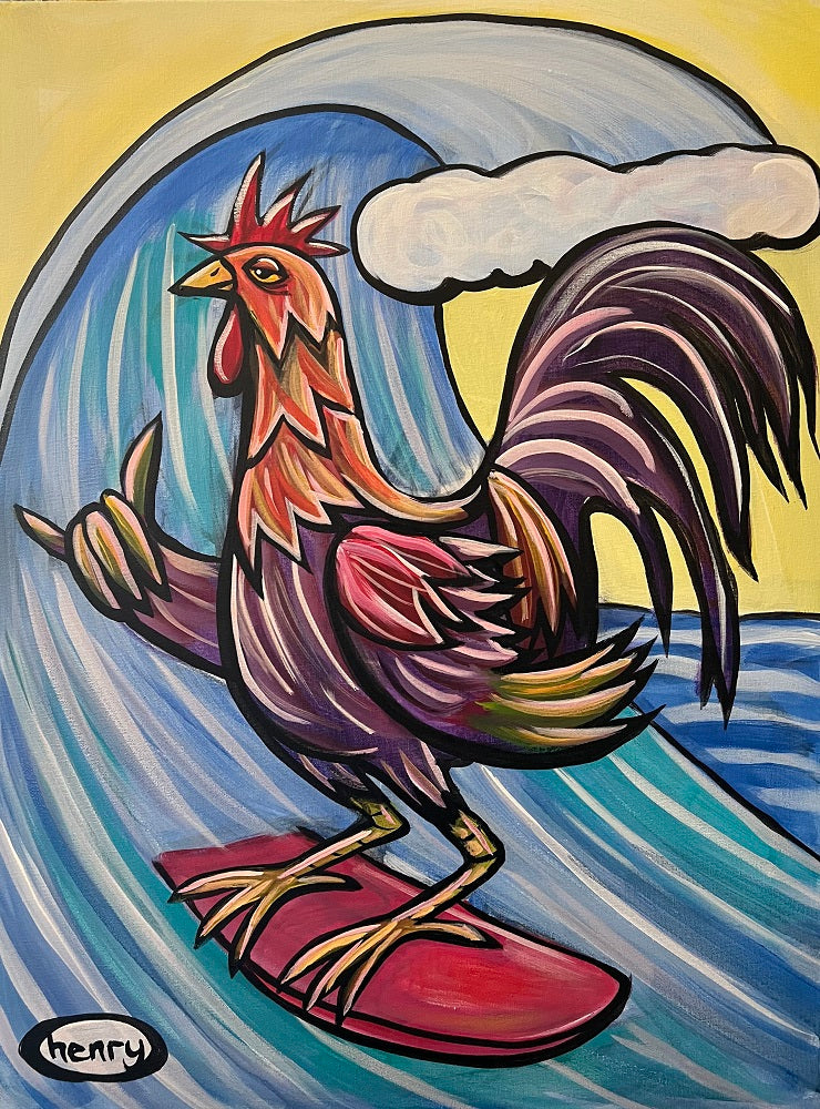 Hang Loose Rooster Surfing Canvas Giclee Print Featuring Original Art by Seattle Mural Artist Ryan Henry Ward