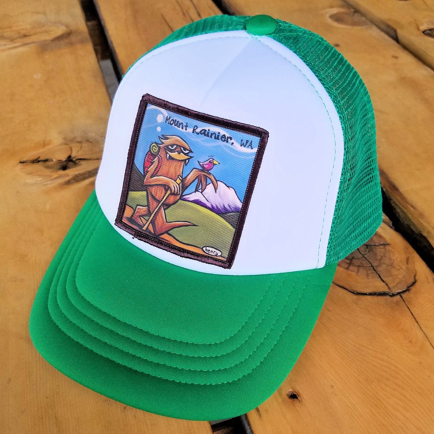 Sasquatch Hiking White/Green Wearable Art Little Henry Trucker Hat - MT Rainier