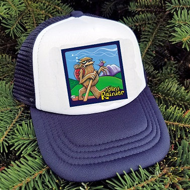 Sasquatch Hiking White/Navy Wearable Art Little Henry Trucker Hat - MT Rainier