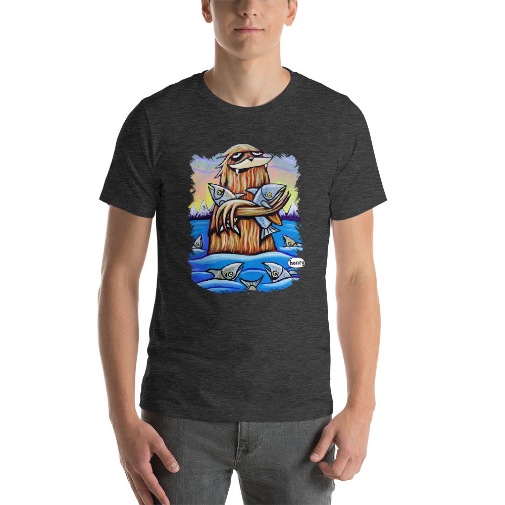 Sasquatch Hugging Salmon Unisex T-Shirt - Art of Henry
