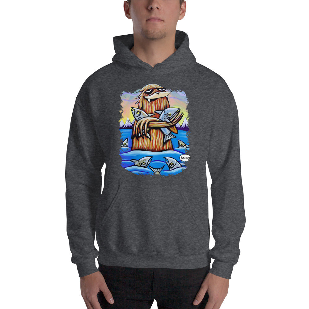 Sasquatch Hugging Salmon Unisex Hoodie | Wearable Art by Seattle Mural Artist Ryan "Henry" Ward