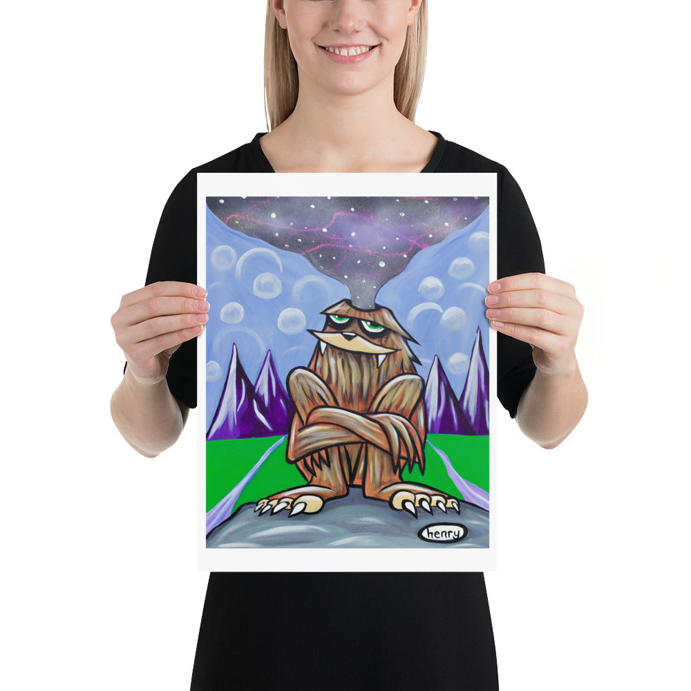 Sasquatch Contemplating the Universe Giclee Print Art Poster for wall decor features Original Painting by Seattle Mural Artist Henry