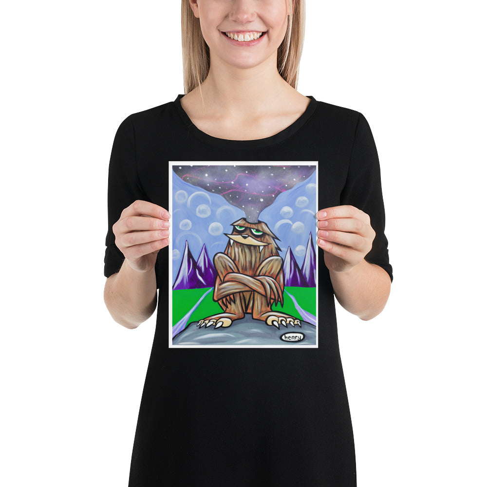 Sasquatch Contemplating the Universe Giclee Print Art Poster for wall decor features Original Painting by Seattle Mural Artist Henry