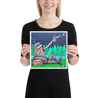 Sasquatch Pointing at Moon Giclee Print Art Poster for Wall Decor features Original Painting by Seattle Mural Artist Henry