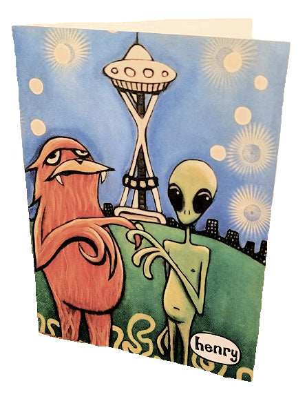 Sasquatch Meets Alien  in Seattle Note Card - Art of Henry