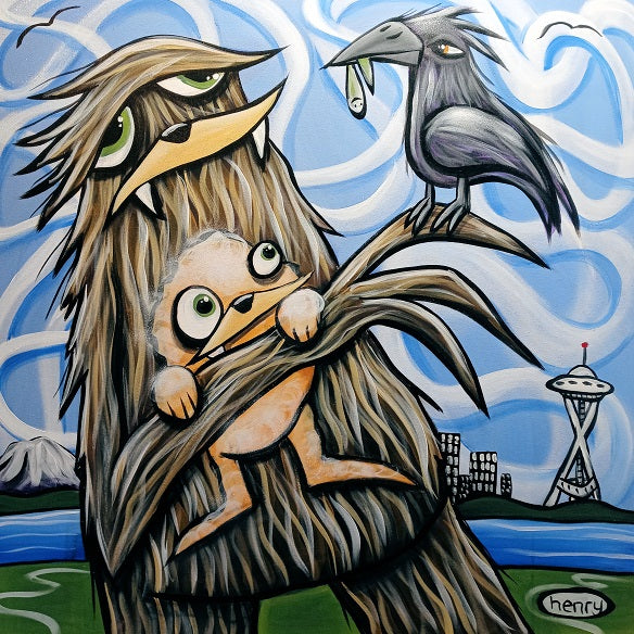 Sasquatch Momma and Bird with Worm Canvas Giclee Print Featuring Original Art by Seattle Mural Artist Ryan Henry Ward