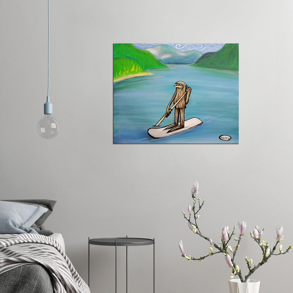 Sasquatch Paddle Boarding Canvas Giclee Print Featuring Original Art by Seattle Mural Artist Ryan Henry Ward