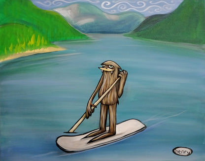Sasquatch Paddle Boarding Canvas Giclee Print Featuring Original Art by Seattle Mural Artist Ryan Henry Ward