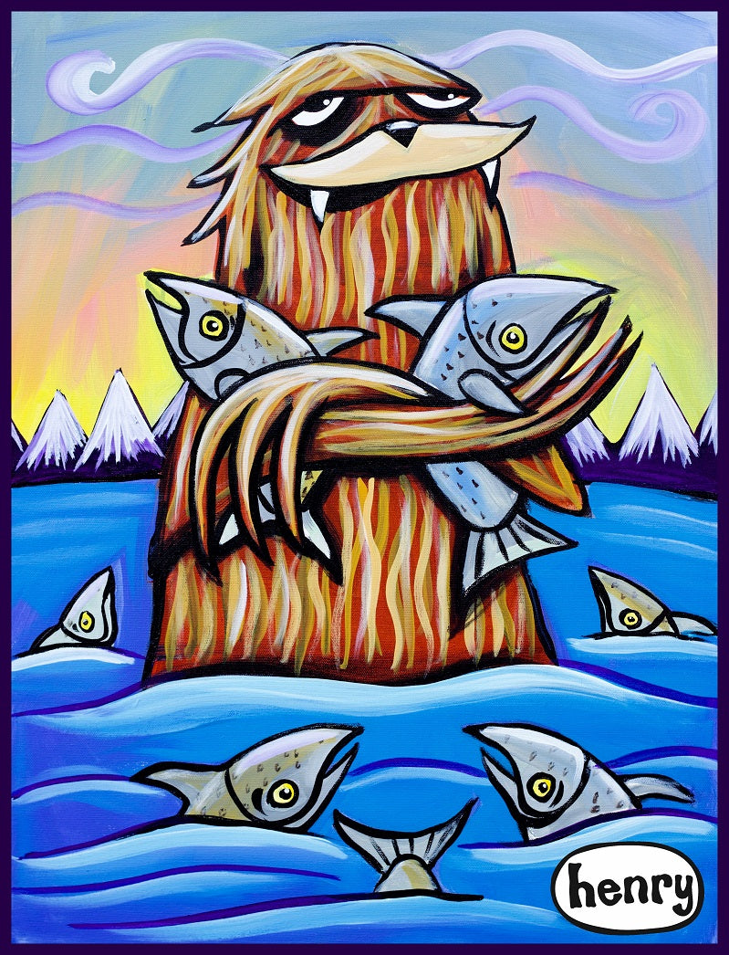 Sasqutch Hugging Salmon Sticker - Art of Henry