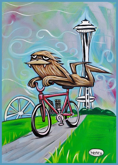 Sasquatch Riding a Bike in Seattle Sticker - Art of Henry