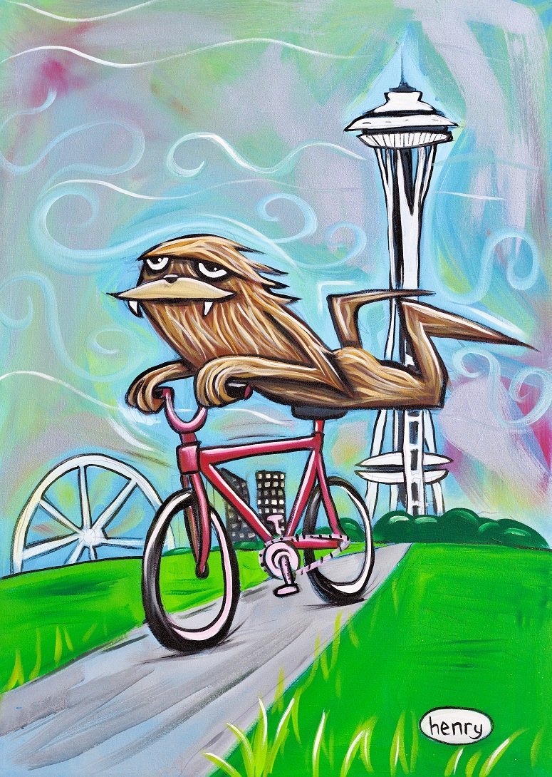 Sasquatch Riding Bike in Seattle Canvas Giclee Print Featuring Original Art by Seattle Mural Artist Ryan Henry Ward