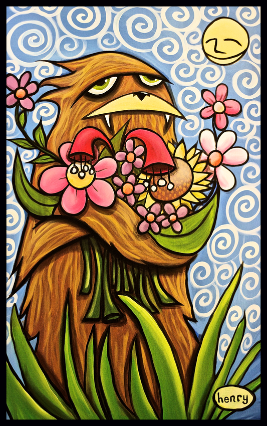 Sasquatch Hugging Flowers Sticker - Art of Henry