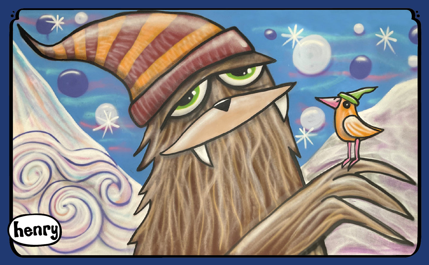 Sasquatch in Stocking Hat with Bird Magnet | Original Art by Seattle Mural Artist Ryan "Henry" Ward