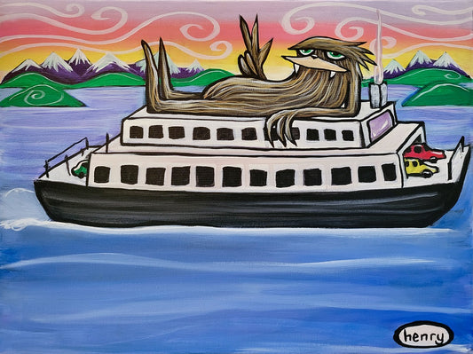 Sasquatch on a Ferry Canvas Giclee Print Featuring Original Art by Seattle Mural Artist Ryan Henry Ward