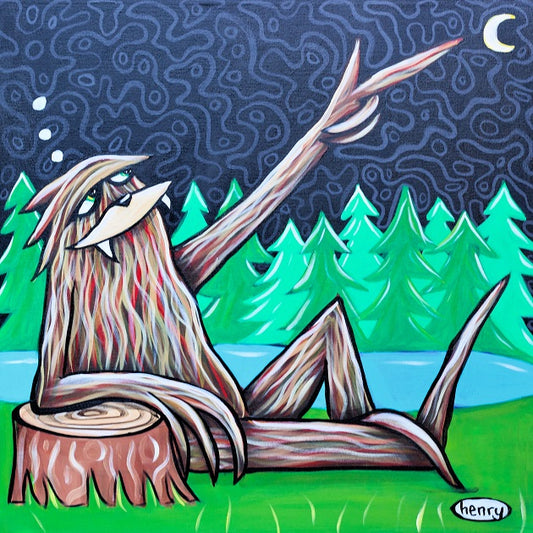 Sasquatch Pointing at Moon Canvas Giclee Print Featuring Original Art by Seattle Mural Artist Ryan Henry Ward