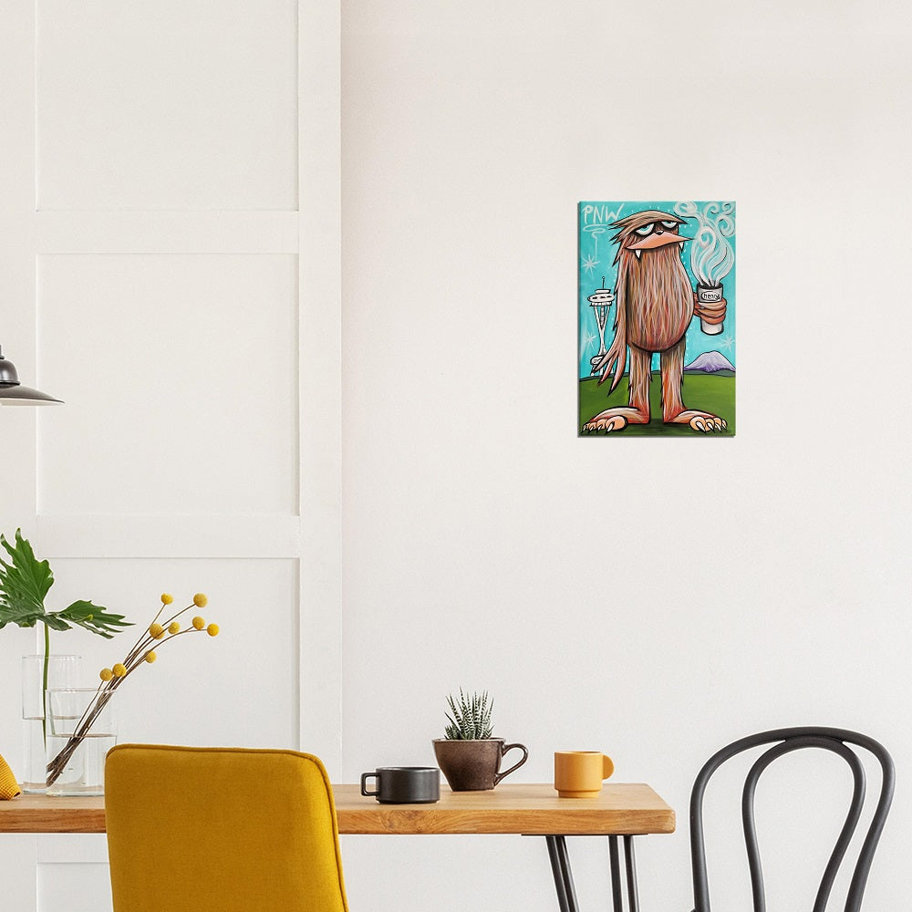 Sasquatch with Coffee in Seattle Canvas Giclee Print Featuring Original Art by Seattle Mural Artist Ryan Henry Ward