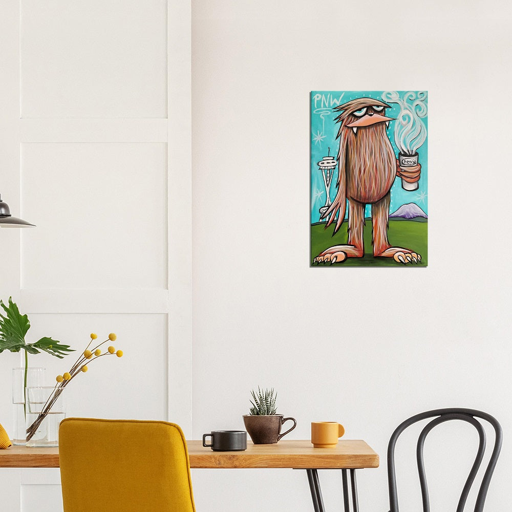 Sasquatch with Coffee in Seattle Canvas Giclee Print Featuring Original Art by Seattle Mural Artist Ryan Henry Ward